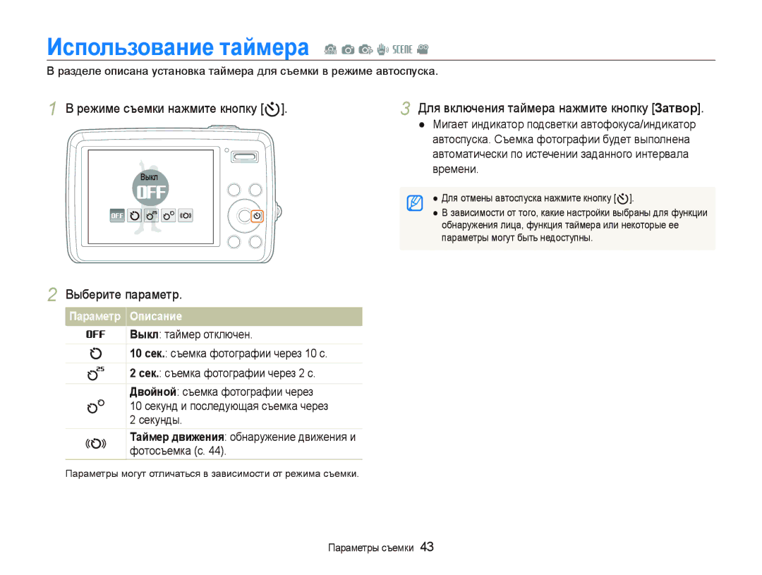 Samsung EC-PL10ZPBP/RU, EC-PL10ZRBP/RU, EC-PL10ZBBP/RU manual Иɫпɨльɡɨвɚниɟ тɚɣмɟɪɚ S a p d s, Режиме съемки нажмите кнопку t 