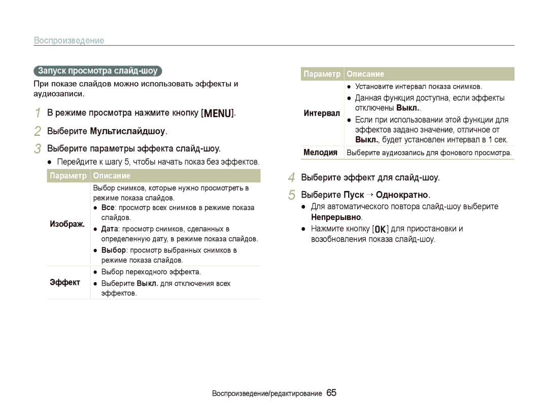 Samsung EC-PL10ZPBA/RU, EC-PL10ZRBP/RU manual Зɚпɭɫк пɪɨɫмɨтɪɚ ɫлɚɣд-шɨɭ, Для автоматического повтора слайд-шоу выберите 