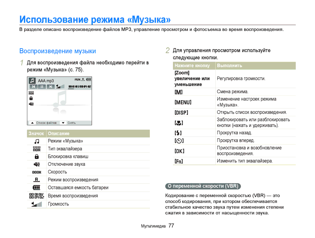 Samsung EC-PL10ZEBA/RU Иɫпɨльɡɨвɚниɟ ɪɟжимɚ «Ɇɭɡыкɚ», Воспроизведение музыки, Пɟɪɟмɟннɨɣ ɫкɨɪɨɫти VBR, ɭвɟличɟниɟ или 