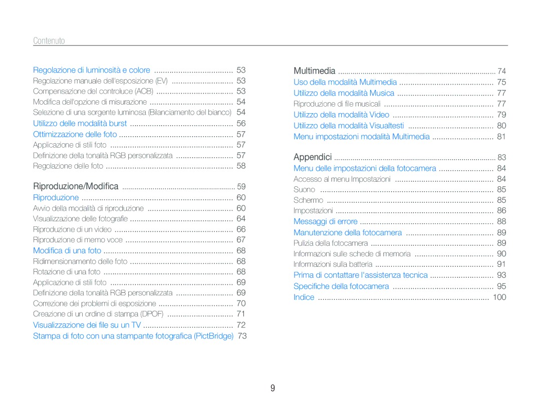 Samsung EC-PL10ZABA/IT, EC-PL10ZSBP/IT, EC-PL10ZRBP/IT, EC-PL10ZBBP/IT manual Contenuto 