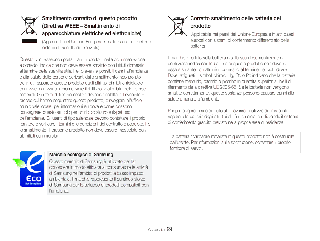 Samsung EC-PL10ZSBP/IT, EC-PL10ZRBP/IT manual Corretto smaltimento delle batterie del prodotto, Marchio ecologico di Samsung 