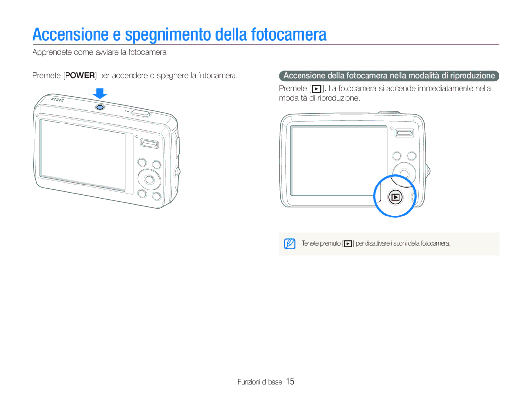 Samsung EC-PL10ZSBP/IT, EC-PL10ZRBP/IT, EC-PL10ZABA/IT, EC-PL10ZBBP/IT manual Accensione e spegnimento della fotocamera 