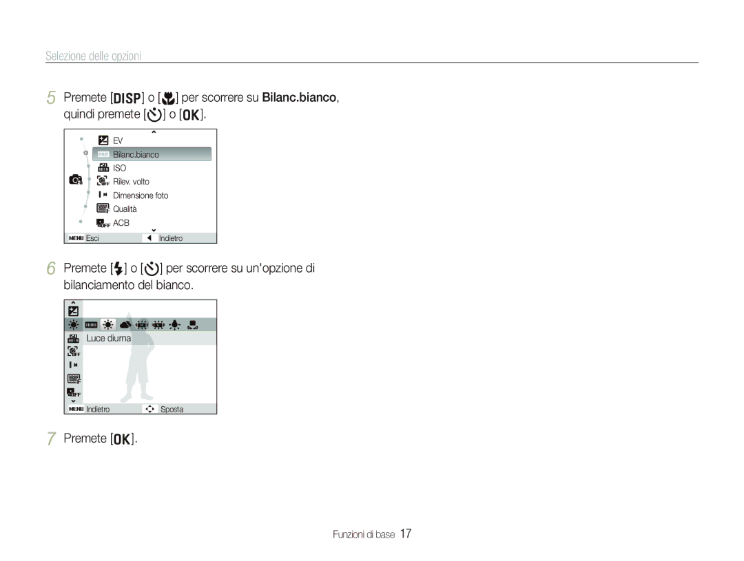 Samsung EC-PL10ZABA/IT, EC-PL10ZSBP/IT, EC-PL10ZRBP/IT, EC-PL10ZBBP/IT manual Selezione delle opzioni, Premete o 