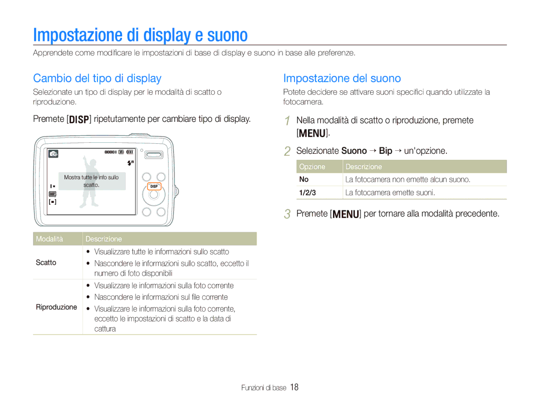 Samsung EC-PL10ZBBP/IT, EC-PL10ZSBP/IT Impostazione di display e suono, Cambio del tipo di display, Impostazione del suono 