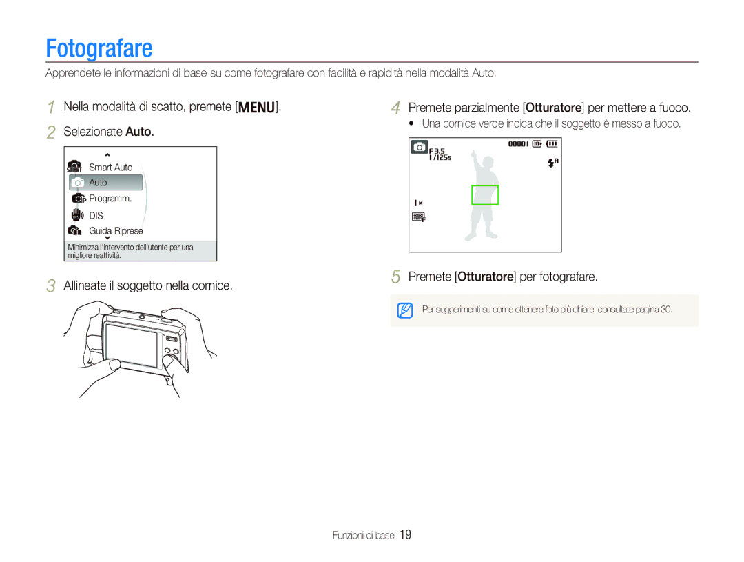 Samsung EC-PL10ZSBP/IT, EC-PL10ZRBP/IT, EC-PL10ZABA/IT Fotografare, Nella modalità di scatto, premete m Selezionate Auto 