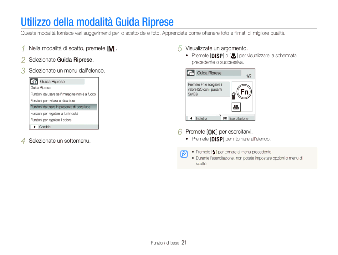 Samsung EC-PL10ZABA/IT Utilizzo della modalità Guida Riprese, Selezionate un menu dallelenco, Premete o per esercitarvi 