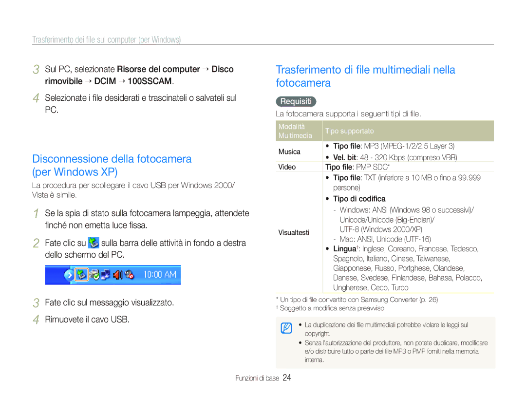 Samsung EC-PL10ZRBP/IT Trasferimento di ﬁle multimediali nella fotocamera, Disconnessione della fotocamera per Windows XP 