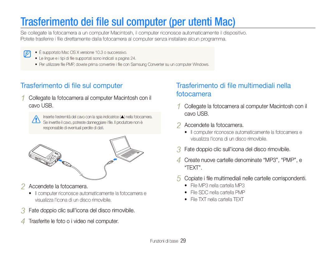 Samsung EC-PL10ZABA/IT manual Trasferimento dei ﬁle sul computer per utenti Mac, Trasferimento di ﬁle sul computer 