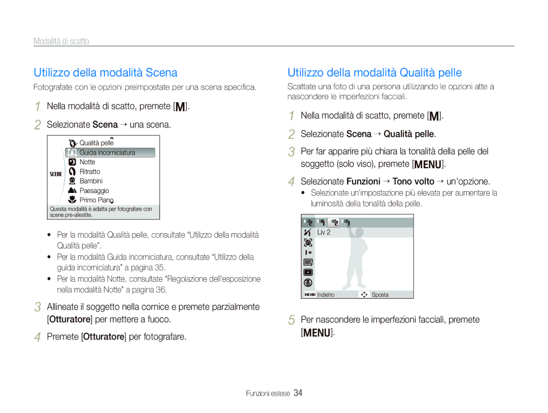 Samsung EC-PL10ZBBP/IT manual Utilizzo della modalità Scena, Utilizzo della modalità Qualità pelle, Modalità di scatto 