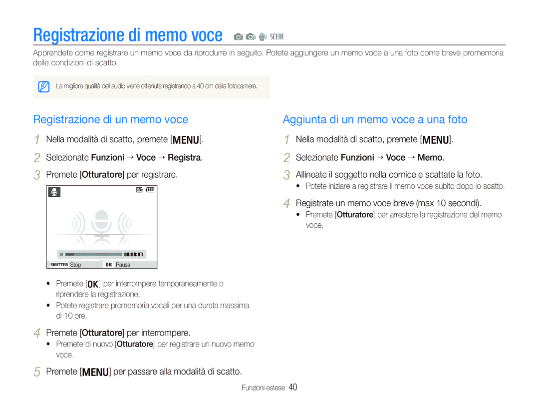 Samsung EC-PL10ZRBP/IT, EC-PL10ZSBP/IT, EC-PL10ZABA/IT Registrazione di memo voce a p d s, Registrazione di un memo voce 