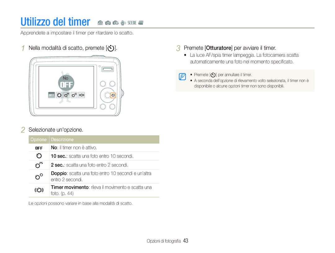 Samsung EC-PL10ZSBP/IT manual Utilizzo del timer S a p d s, Nella modalità di scatto, premete t Selezionate unopzione 