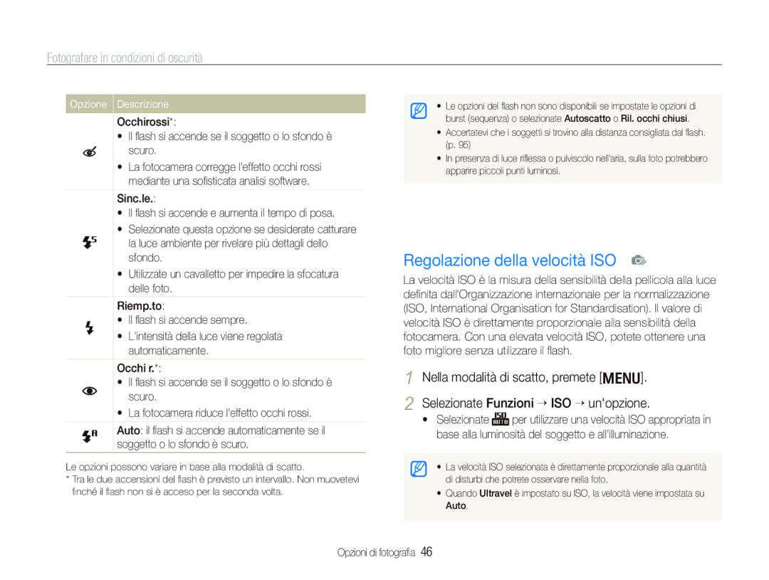 Samsung EC-PL10ZBBP/IT, EC-PL10ZSBP/IT manual Regolazione della velocità ISO p, Fotografare in condizioni di oscurità 