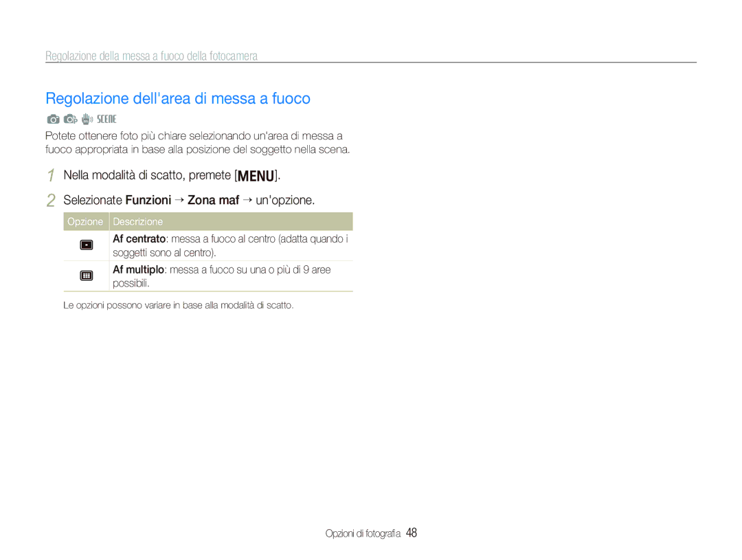 Samsung EC-PL10ZRBP/IT manual Regolazione dellarea di messa a fuoco, Regolazione della messa a fuoco della fotocamera 