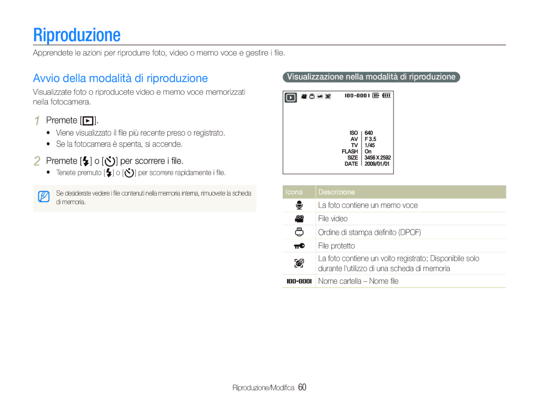 Samsung EC-PL10ZRBP/IT Riproduzione, Avvio della modalità di riproduzione, Premete P, Premete F o t per scorrere i ﬁle 