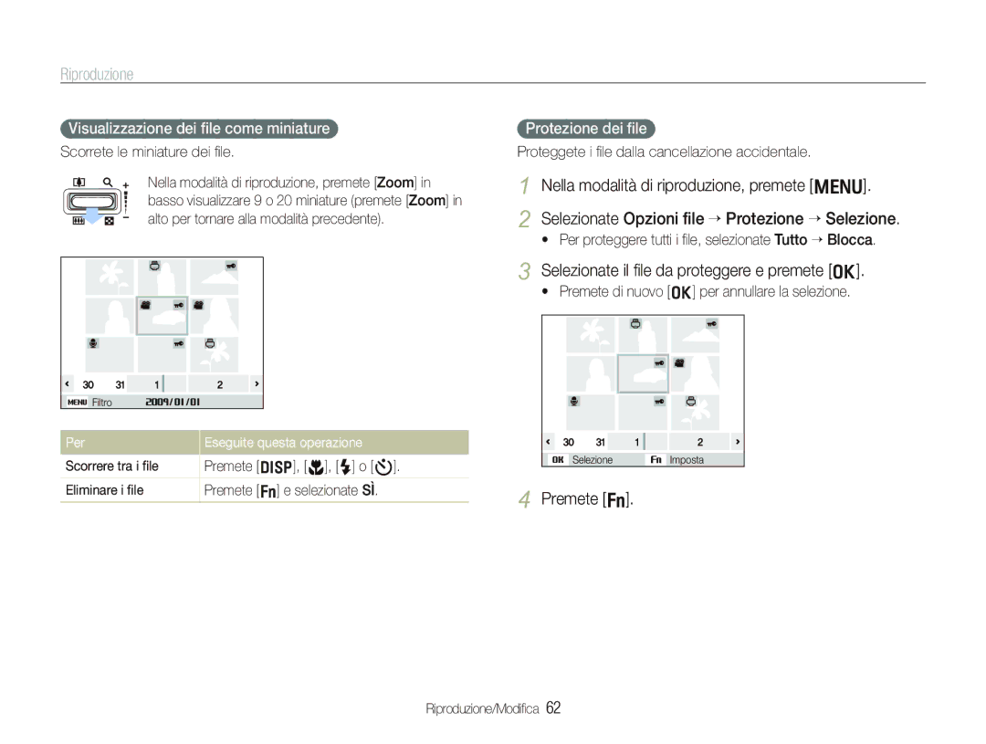 Samsung EC-PL10ZBBP/IT Selezionate il ﬁle da proteggere e premete o, Premete f, Visualizzazione dei ﬁle come miniature 