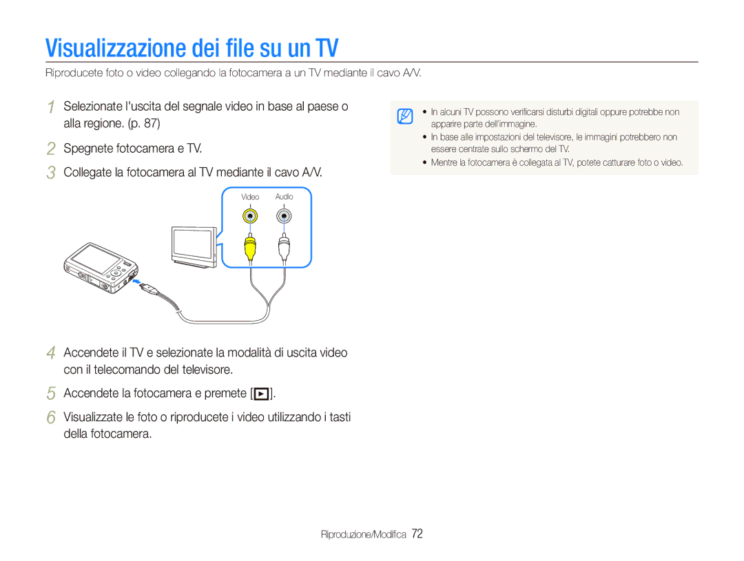 Samsung EC-PL10ZRBP/IT manual Visualizzazione dei ﬁle su un TV, Selezionate luscita del segnale video in base al paese o 