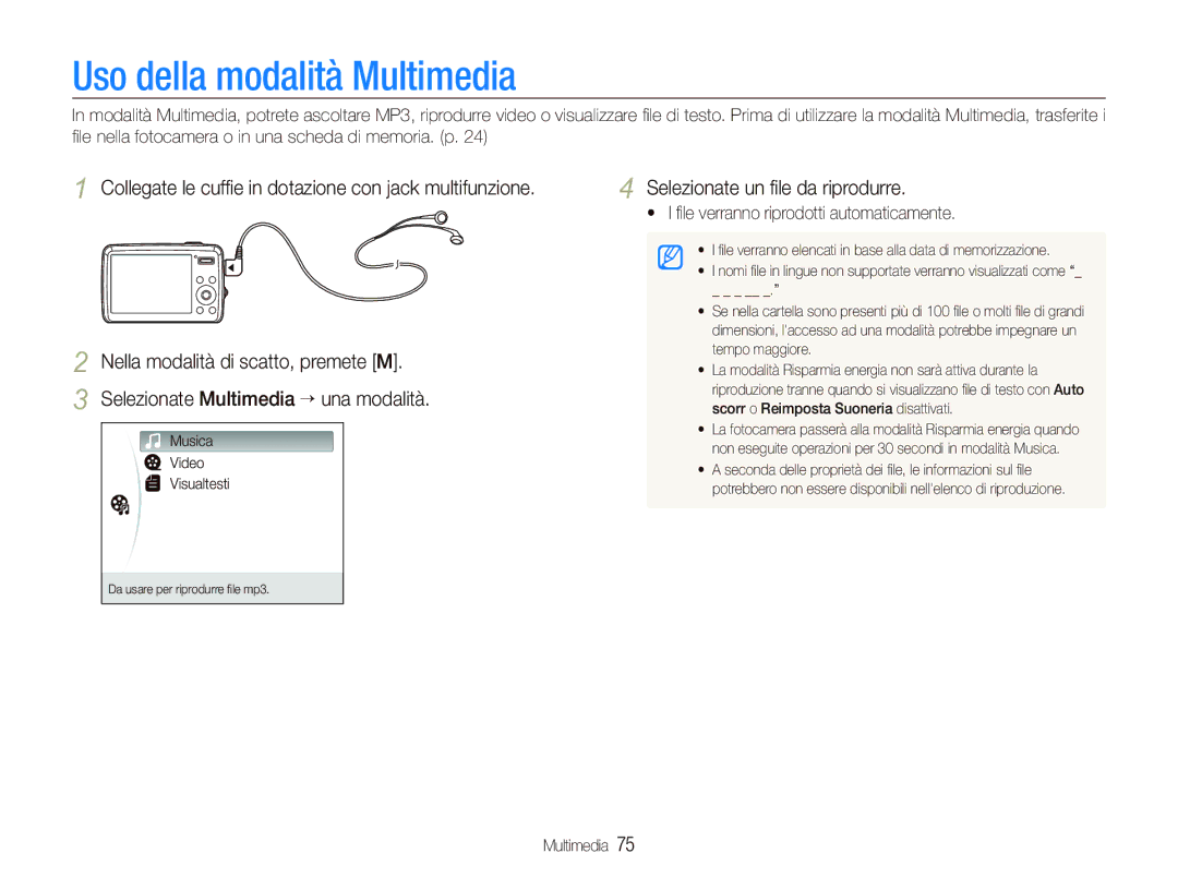 Samsung EC-PL10ZSBP/IT, EC-PL10ZRBP/IT, EC-PL10ZABA/IT manual Uso della modalità Multimedia, Selezionate un ﬁle da riprodurre 