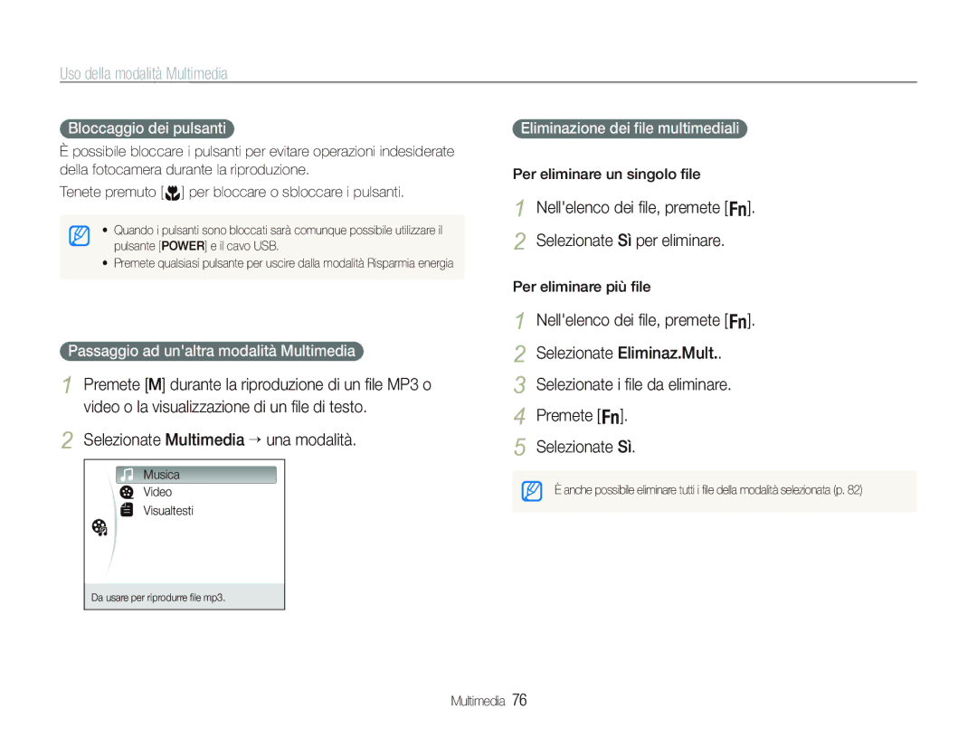 Samsung EC-PL10ZRBP/IT manual Uso della modalità Multimedia, Nellelenco dei ﬁle, premete f Selezionate Sì per eliminare 