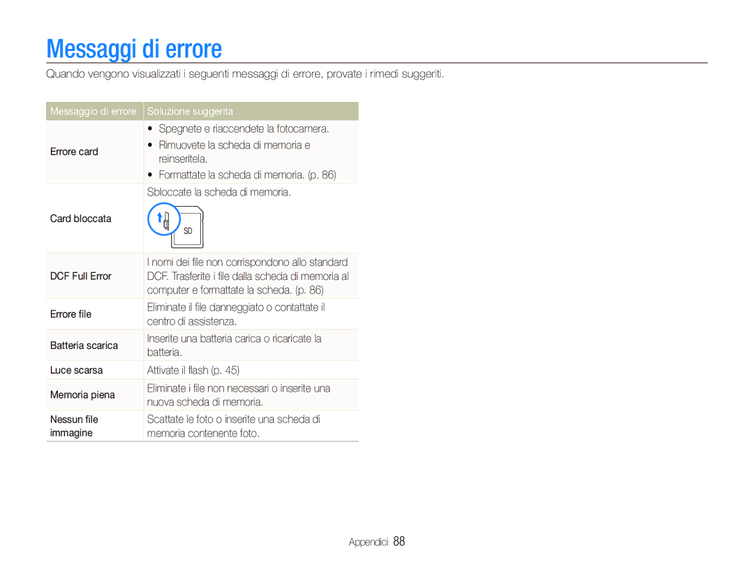 Samsung EC-PL10ZRBP/IT, EC-PL10ZSBP/IT, EC-PL10ZABA/IT, EC-PL10ZBBP/IT manual Messaggi di errore, Soluzione suggerita 