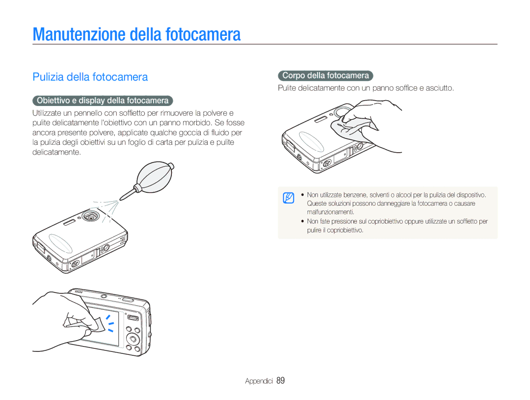 Samsung EC-PL10ZABA/IT manual Manutenzione della fotocamera, Pulizia della fotocamera, Obiettivo e display della fotocamera 