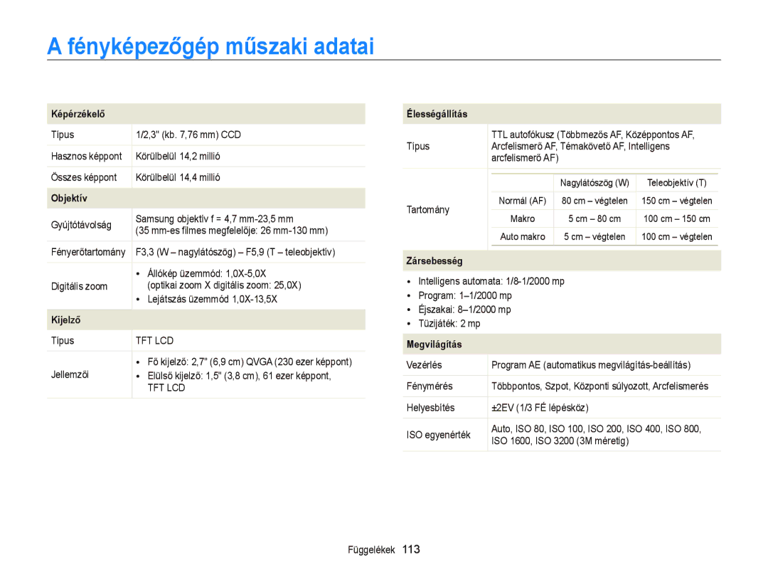 Samsung EC-PL210ZBPBE1, EC-PL120ZBPBE1, EC-PL120ZBPPE1, EC-PL120ZBPSE1, EC-PL20ZZBPBE1 manual Fényképezőgép műszaki adatai 