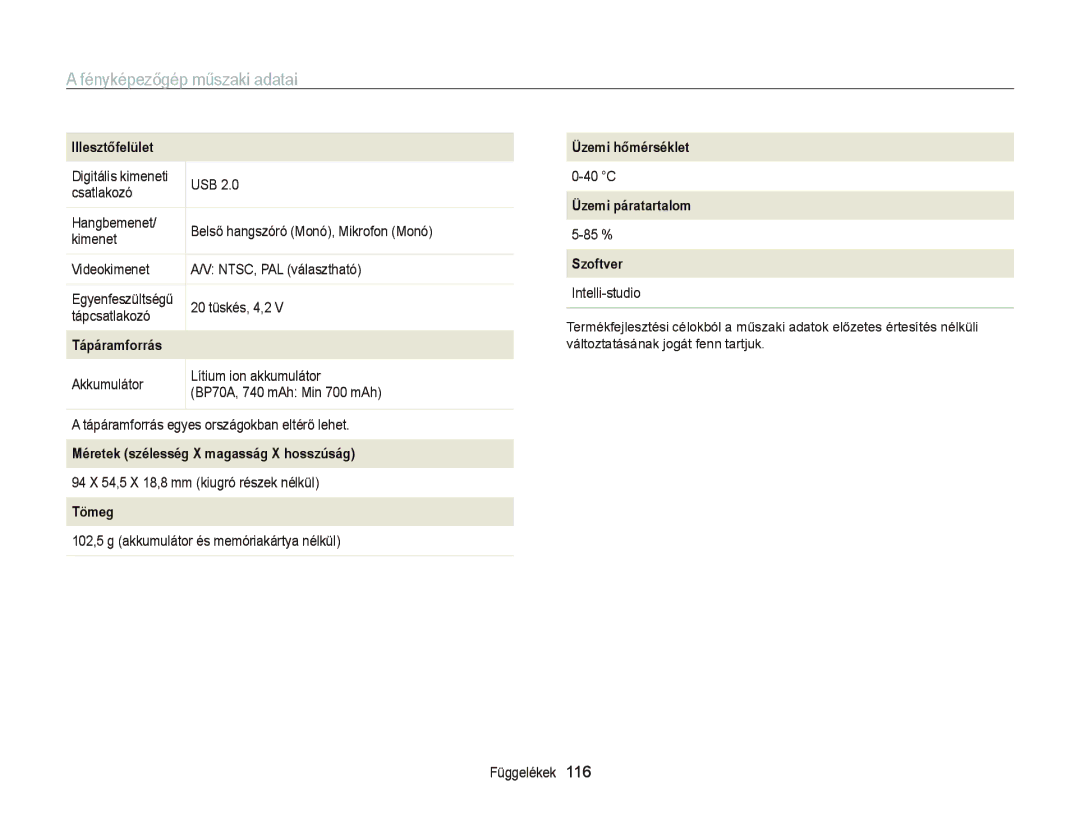 Samsung EC-PL20ZZBPSE1 Illesztőfelület, Tápáramforrás, Méretek szélesség X magasság X hosszúság, Tömeg, Üzemi hőmérséklet 