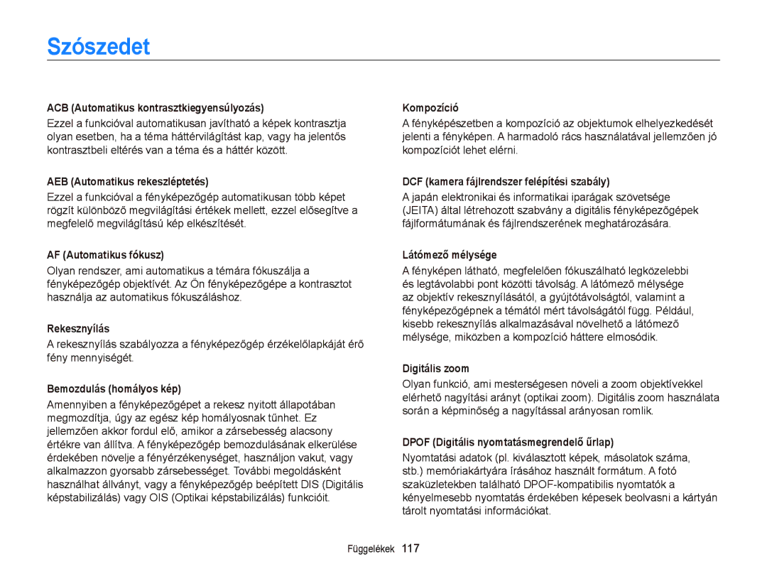 Samsung EC-PL210ZBPSE1, EC-PL120ZBPBE1, EC-PL120ZBPPE1, EC-PL210ZBPBE1, EC-PL120ZBPSE1, EC-PL20ZZBPBE1 manual Szószedet 