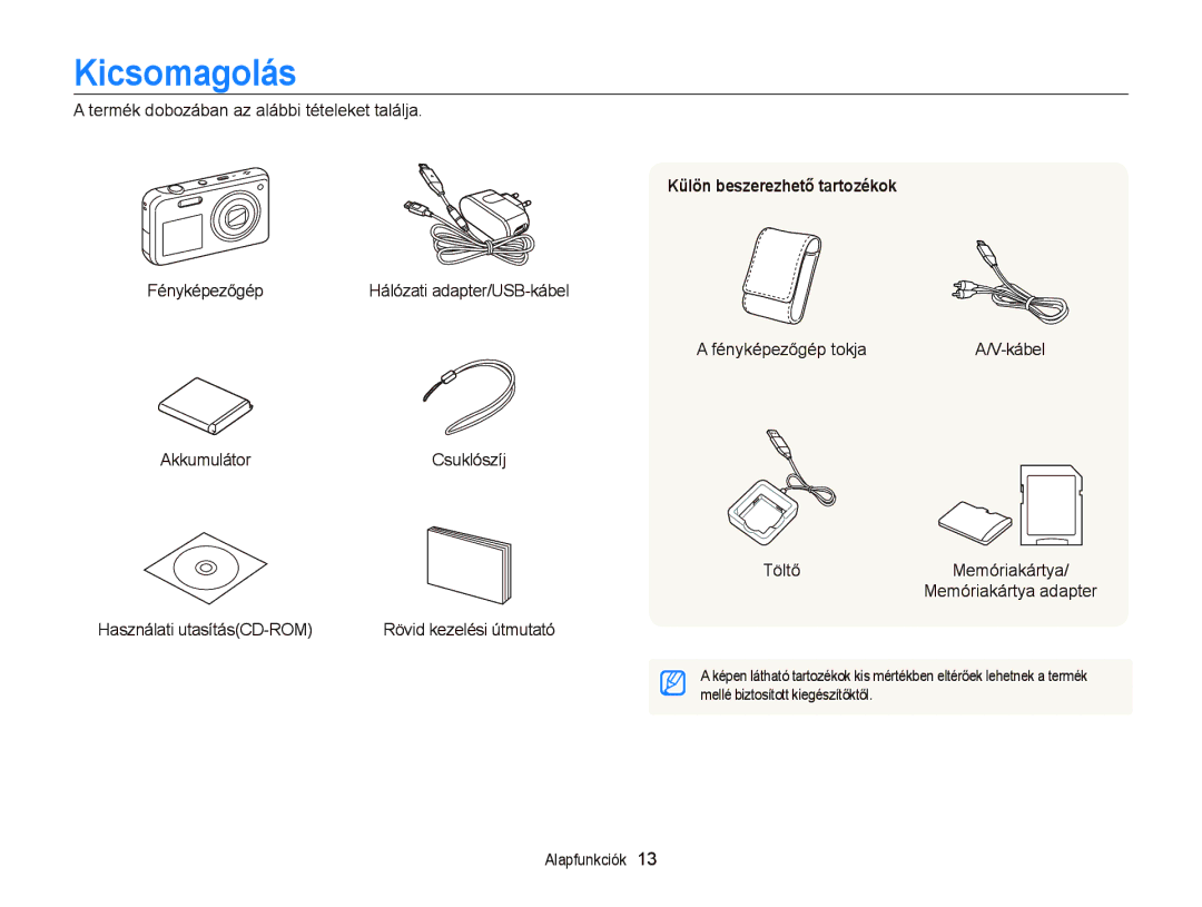 Samsung EC-PL120ZBPPE3, EC-PL120ZBPBE1, EC-PL120ZBPPE1, EC-PL210ZBPBE1 manual Kicsomagolás, Külön beszerezhető tartozékok 