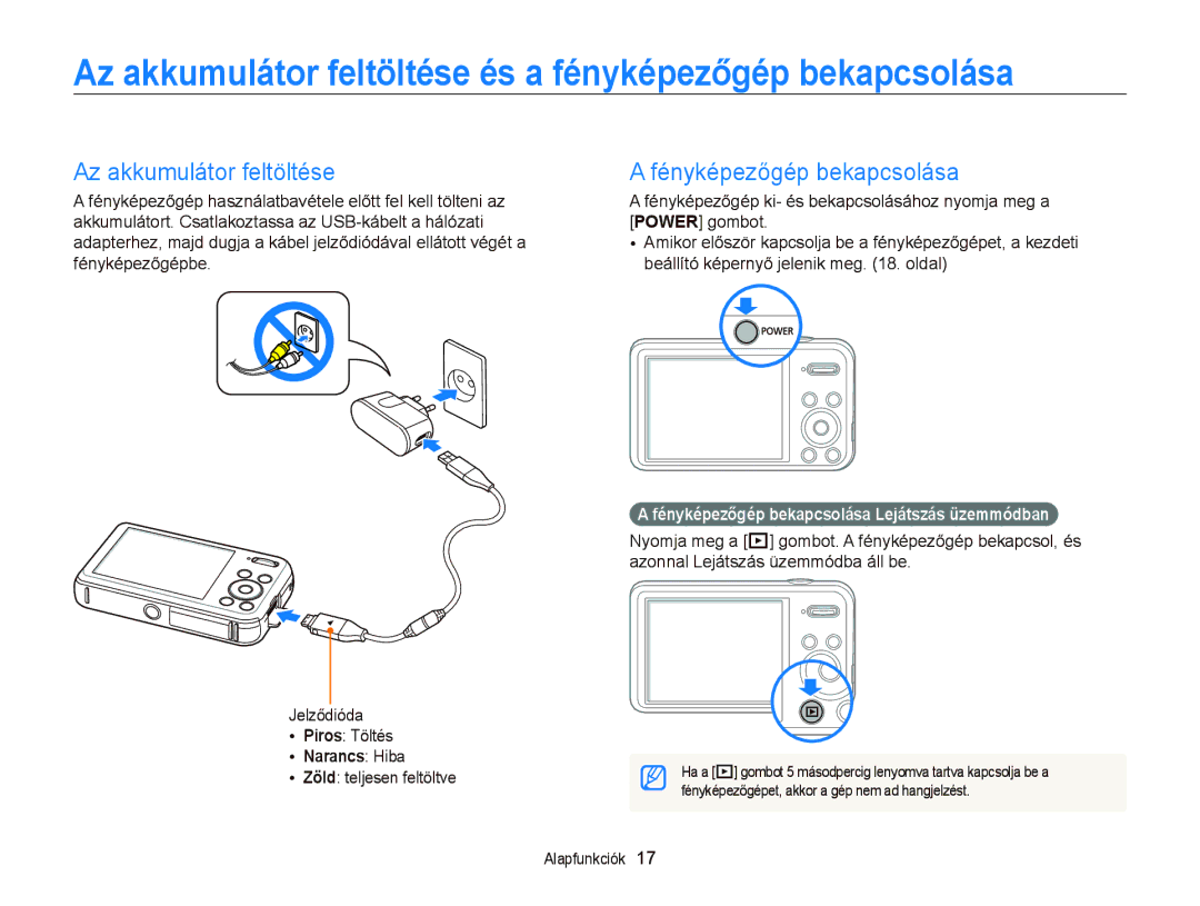 Samsung EC-PL120ZFPLE3 Az akkumulátor feltöltése és a fényképezőgép bekapcsolása, Fényképezőgép bekapcsolása, Narancs Hiba 