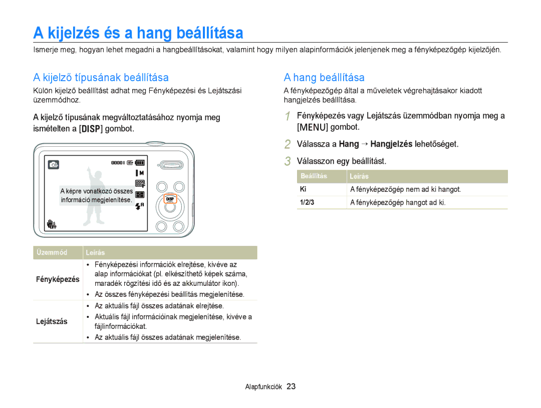 Samsung EC-PL20ZZBPBE2, EC-PL120ZBPBE1 manual Kijelzés és a hang beállítása, Kijelző típusának beállítása, Hang beállítása 