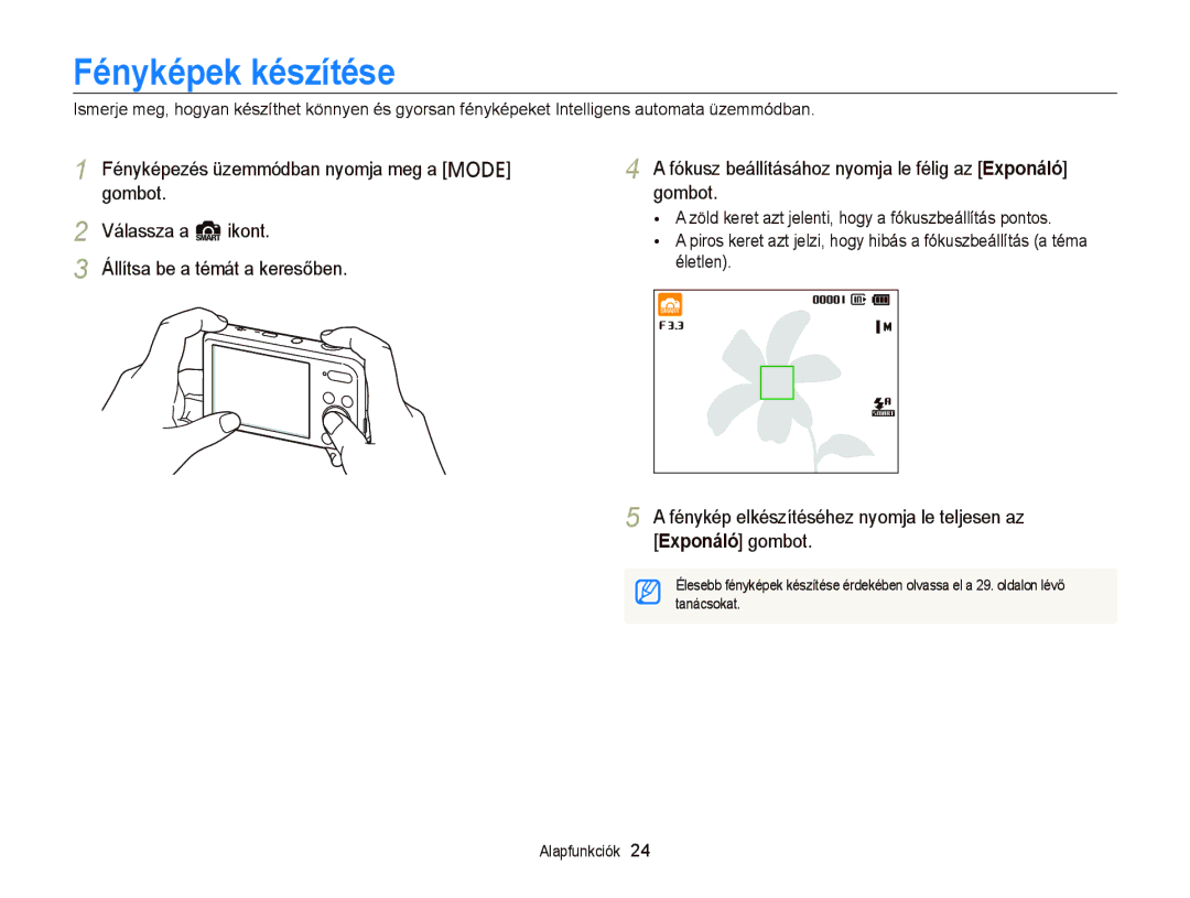 Samsung EC-PL120ZBPPE2, EC-PL120ZBPBE1 Fényképek készítése, Fénykép elkészítéséhez nyomja le teljesen az Exponáló gombot 