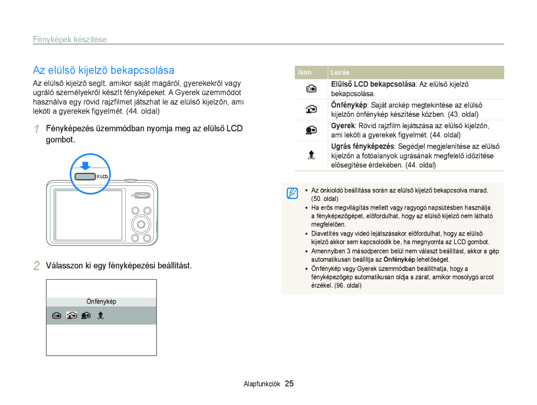 Samsung EC-PL120ZBPBE2, EC-PL120ZBPBE1, EC-PL120ZBPPE1, EC-PL210ZBPBE1 Az elülső kijelző bekapcsolása, Fényképek készítése 