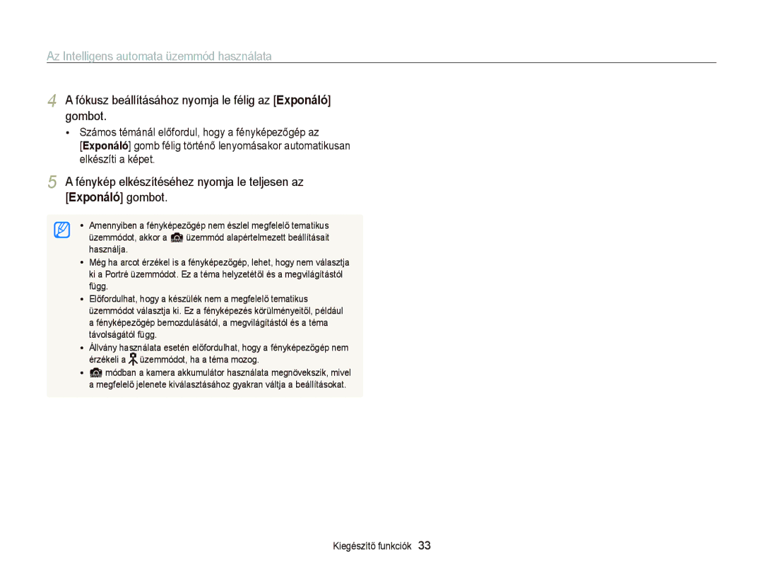 Samsung EC-PL210ZBPSE1 manual Az Intelligens automata üzemmód használata, Fénykép elkészítéséhez nyomja le teljesen az 