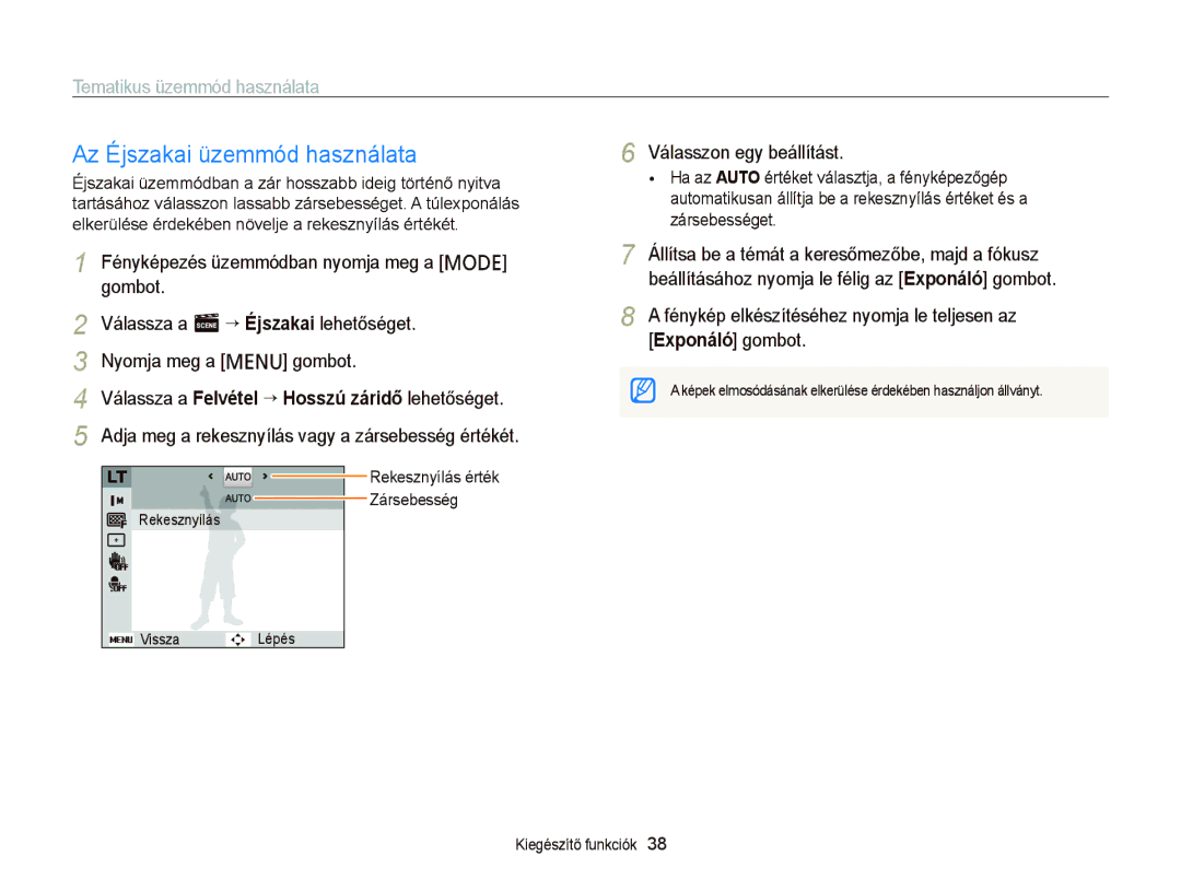 Samsung EC-PL120ZBPBE3, EC-PL120ZBPBE1, EC-PL120ZBPPE1 manual Az Éjszakai üzemmód használata, Rekesznyílás érték Zársebesség 