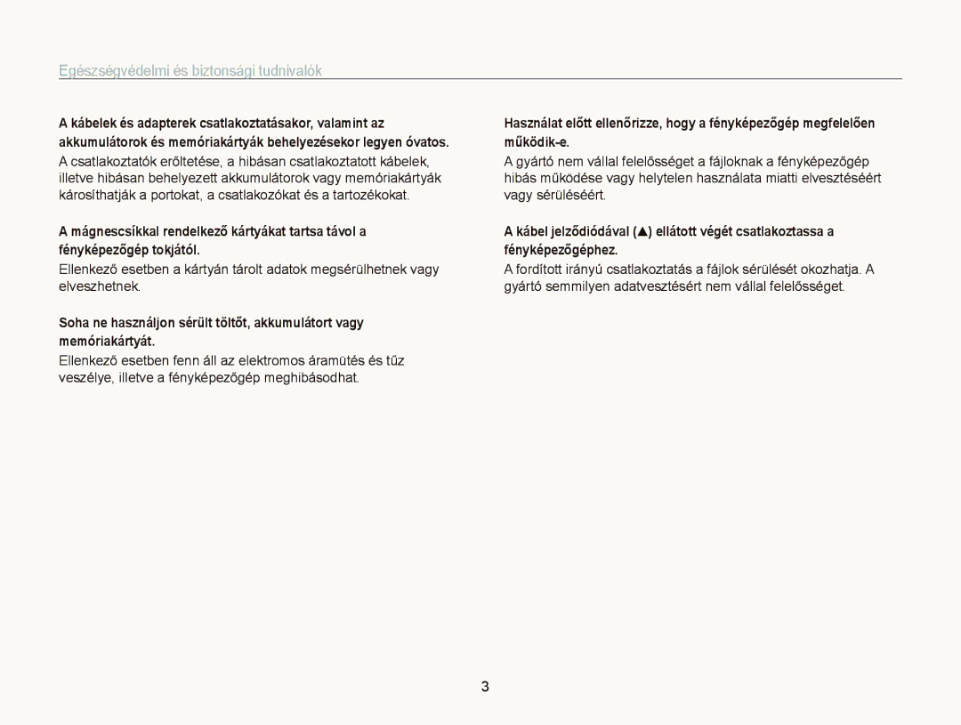 Samsung EC-PL20ZZBPBE1, EC-PL120ZBPBE1, EC-PL120ZBPPE1, EC-PL210ZBPBE1 manual Egészségvédelmi és biztonsági tudnivalók 