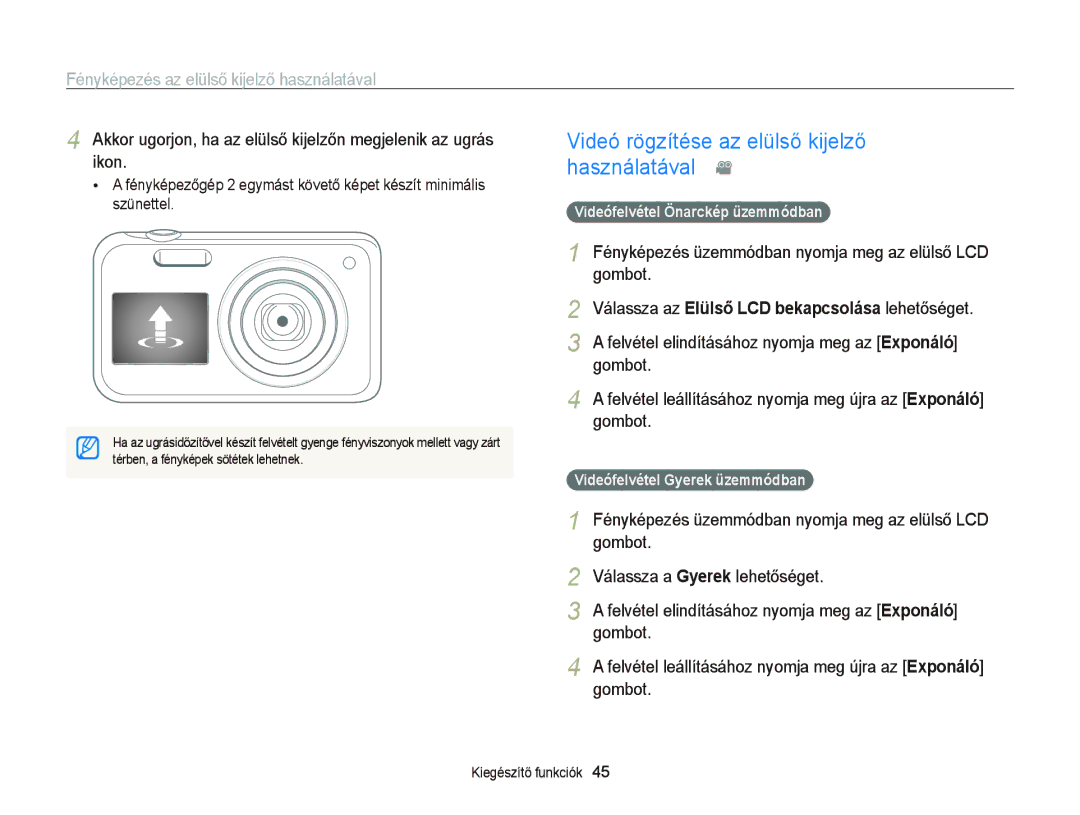 Samsung EC-PL120ZFPLE3, EC-PL120ZBPBE1 Videó rögzítése az elülső kijelző használatával, Videófelvétel Önarckép üzemmódban 