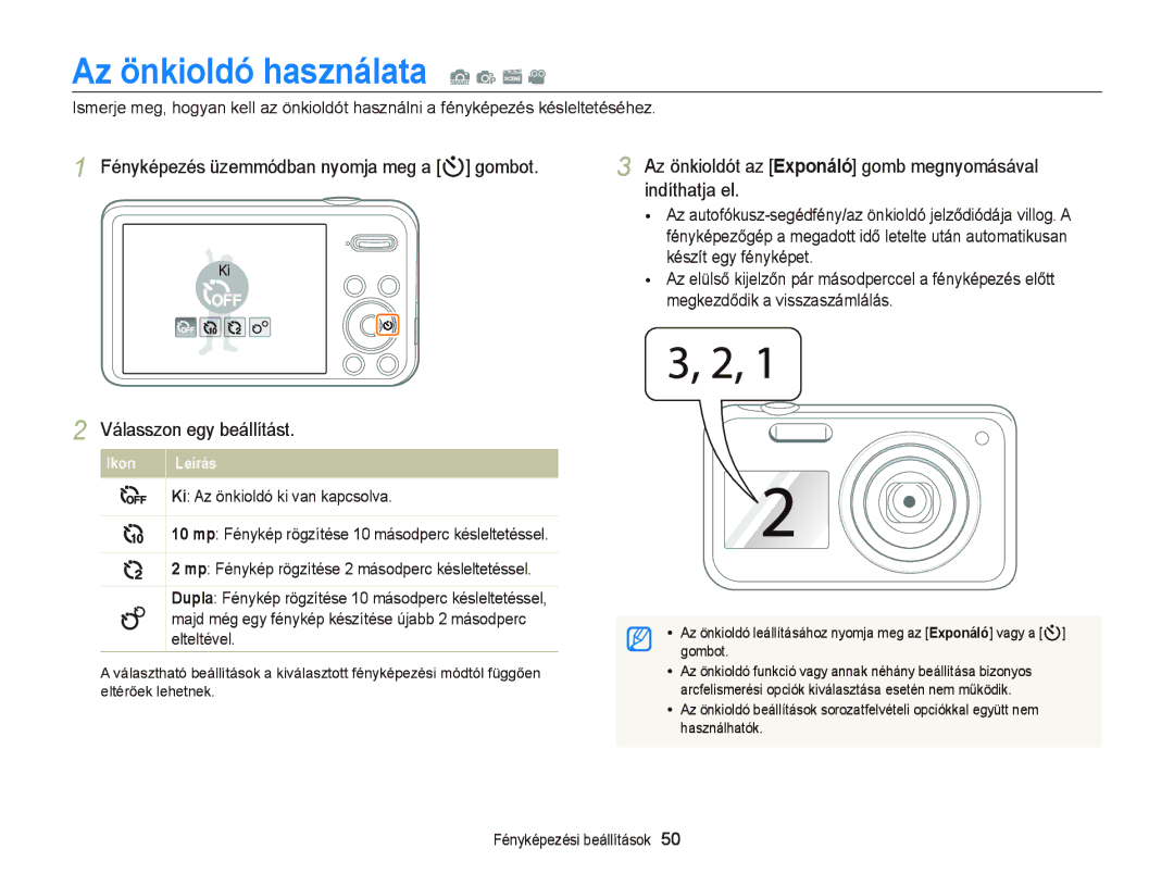 Samsung EC-PL20ZZBPPE2, EC-PL120ZBPBE1, EC-PL120ZBPPE1, EC-PL210ZBPBE1, EC-PL120ZBPSE1 manual Az önkioldó használata S p s 