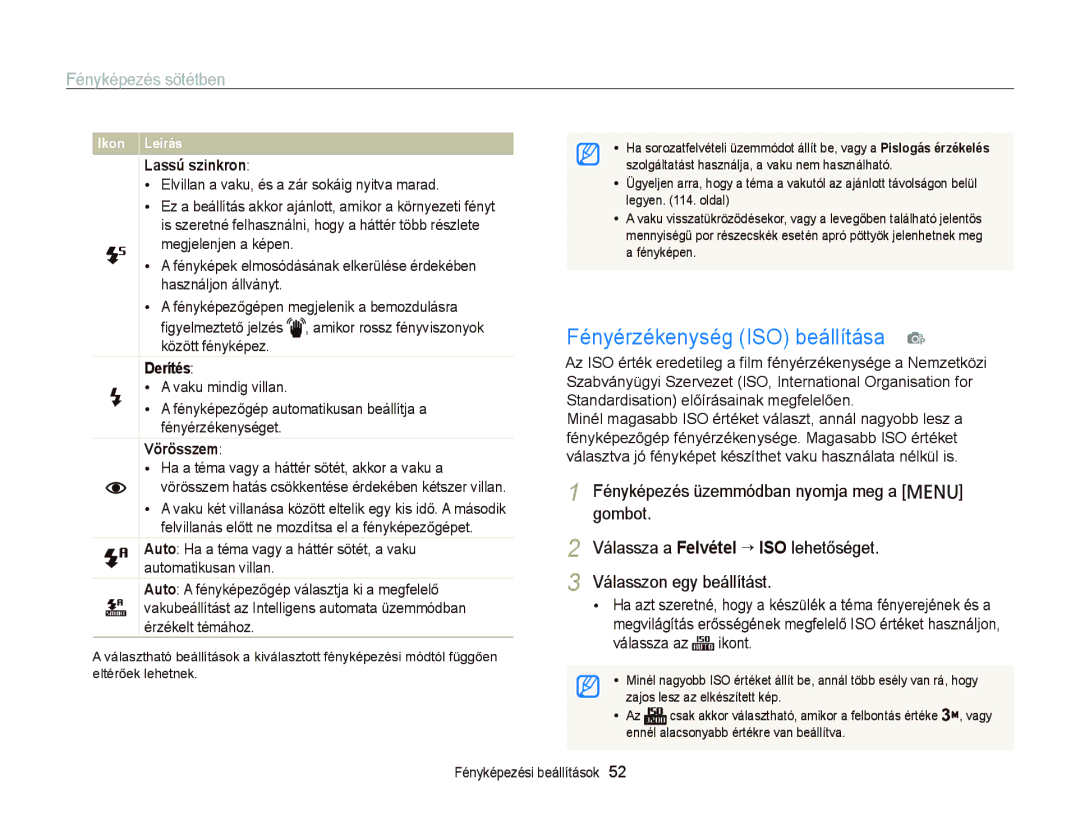 Samsung EC-PL120ZBPPE2 manual Fényérzékenység ISO beállítása p, Fényképezés sötétben, Lassú szinkron, Derítés, Vörösszem 