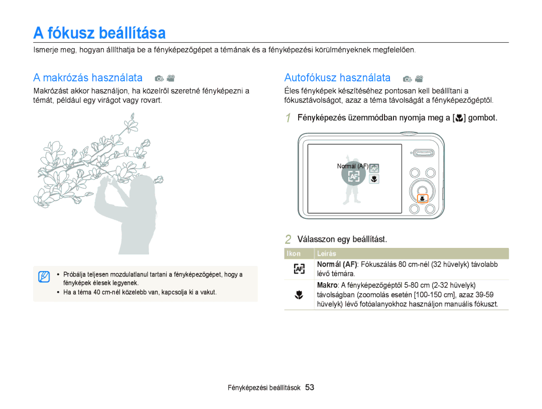 Samsung EC-PL120ZBPBE2, EC-PL120ZBPBE1, EC-PL120ZBPPE1 Fókusz beállítása, Makrózás használata p Autofókusz használata p 