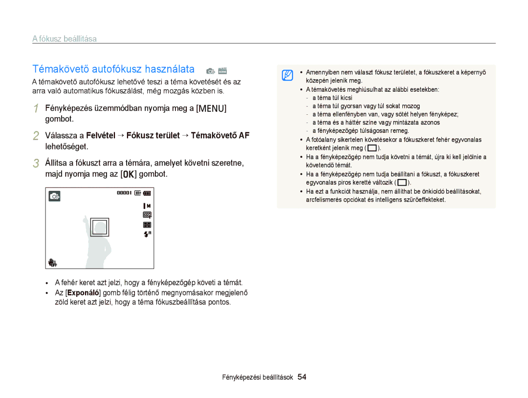 Samsung EC-PL120ZBPLE3 manual Témakövető autofókusz használata p s, Fókusz beállítása, Majd nyomja meg az o gombot 