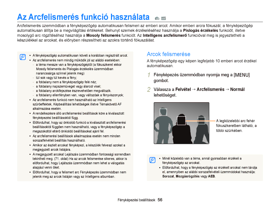 Samsung EC-PL120ZBPPE1 manual Az Arcfelismerés funkció használata p s, Arcok felismerése, Sorozat , Mozgásrögzítés vagy AEB 