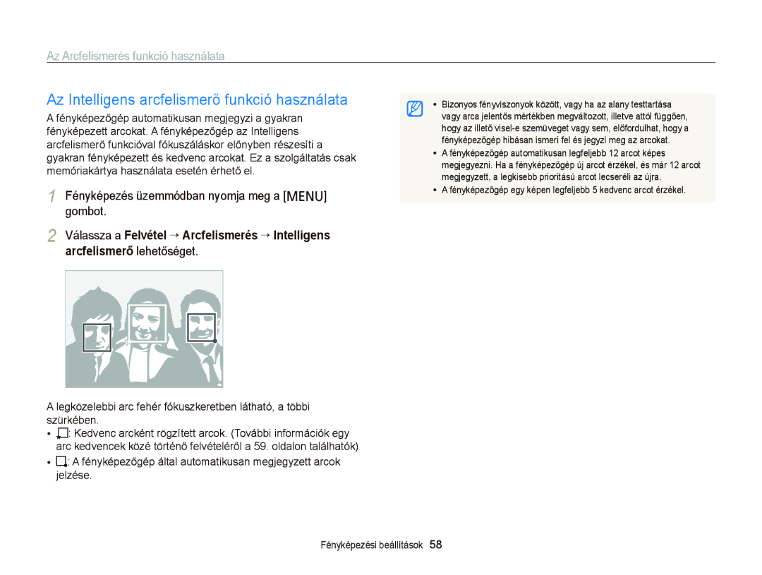 Samsung EC-PL120ZBPSE1, EC-PL120ZBPBE1, EC-PL120ZBPPE1, EC-PL210ZBPBE1 manual Az Intelligens arcfelismerő funkció használata 