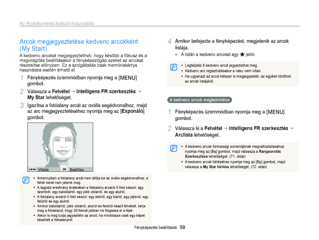 Samsung EC-PL20ZZBPBE1 manual Arcok megjegyeztetése kedvenc arcokként My Start, Listán a kedvenc arcokat egy jelöli 