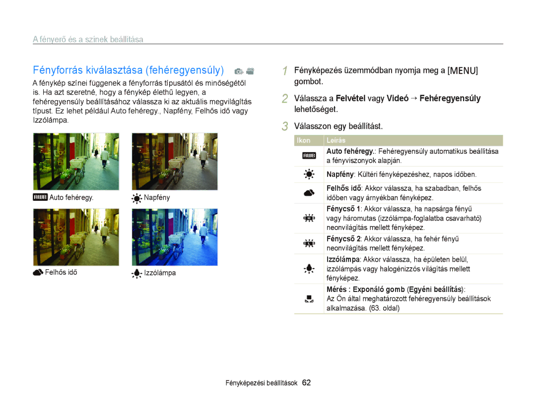 Samsung EC-PL120ZFPBE3, EC-PL120ZBPBE1 manual Fényforrás kiválasztása fehéregyensúly p, Mérés Exponáló gomb Egyéni beállítás 