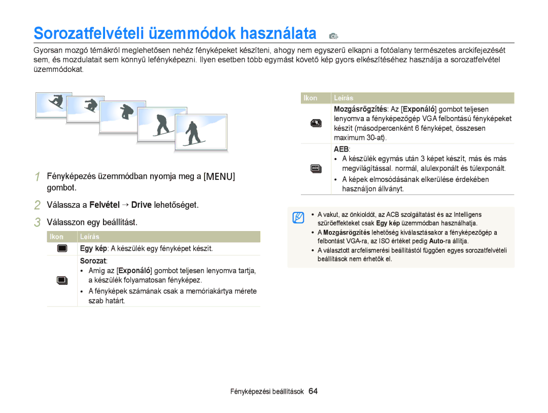 Samsung EC-PL120ZBPSE3 Sorozatfelvételi üzemmódok használata p, Fényképek számának csak a memóriakártya mérete szab határt 