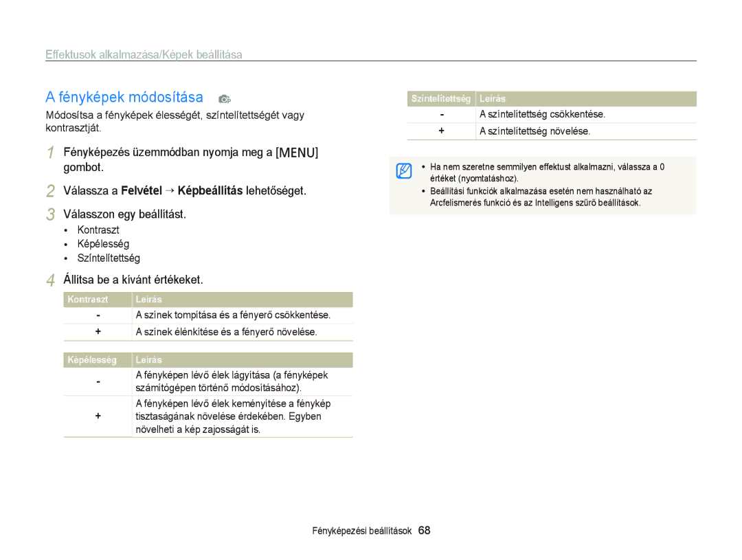 Samsung EC-PL210ZBPSE3 manual Fényképek módosítása p, Állítsa be a kívánt értékeket, Kontraszt Képélesség Színtelítettség 