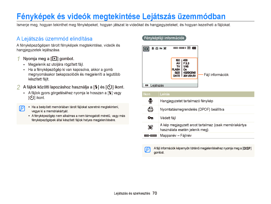 Samsung EC-PL20ZZBPBE3 Fényképek és videók megtekintése Lejátszás üzemmódban, Nyomja meg a P gombot, Fájl információk 