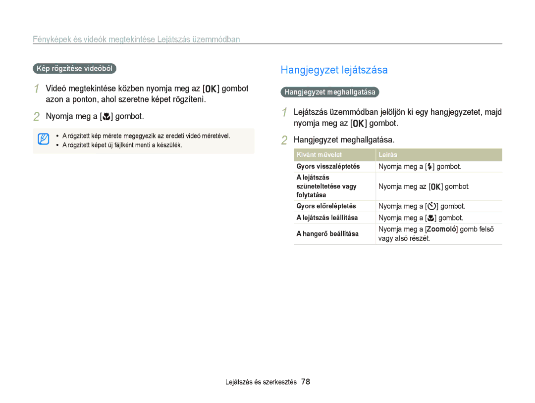 Samsung EC-PL20ZZBPPE2 Hangjegyzet lejátszása, Nyomja meg a c gombot, Kép rögzítése videóból, Hangjegyzet meghallgatása 