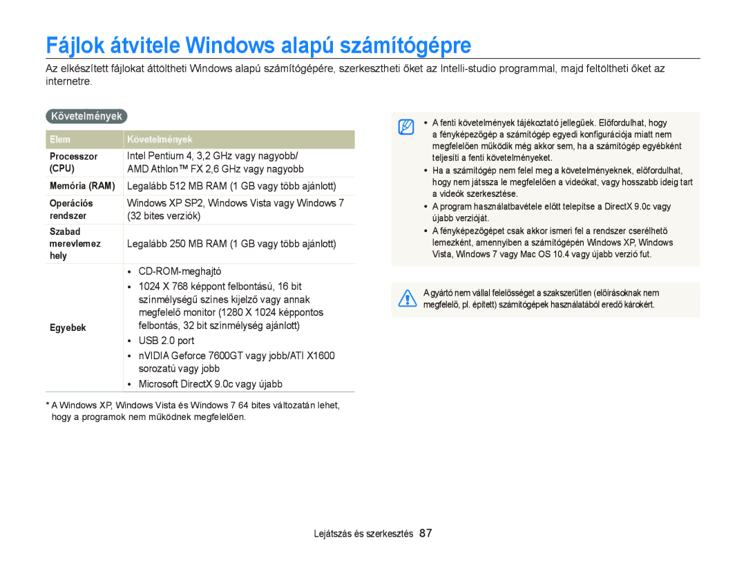 Samsung EC-PL20ZZBPBE1, EC-PL120ZBPBE1, EC-PL120ZBPPE1 manual Fájlok átvitele Windows alapú számítógépre, Követelmények 