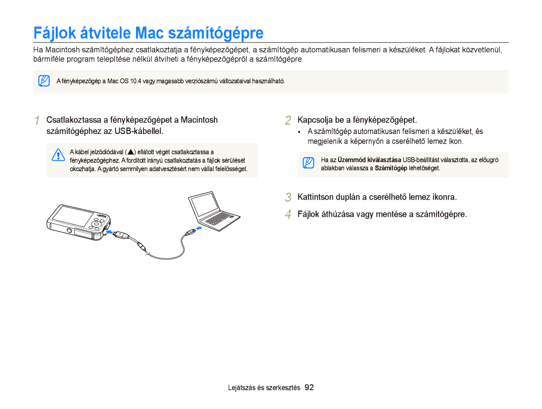 Samsung EC-PL120ZBPSE3, EC-PL120ZBPBE1, EC-PL120ZBPPE1, EC-PL210ZBPBE1, EC-PL120ZBPSE1 manual Fájlok átvitele Mac számítógépre 